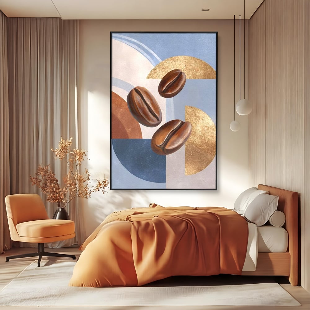 Tablou canvas cu tablou canvas cu boabe de cafea, in rama de aluminiu negru, pe perete intr-un dormitor